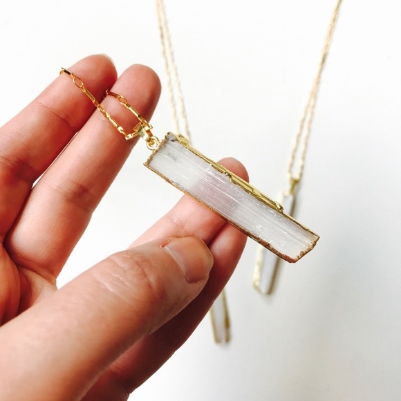 Raw Selenite Stick Dipped in 14K Gold Necklace - Picture 4 of 10